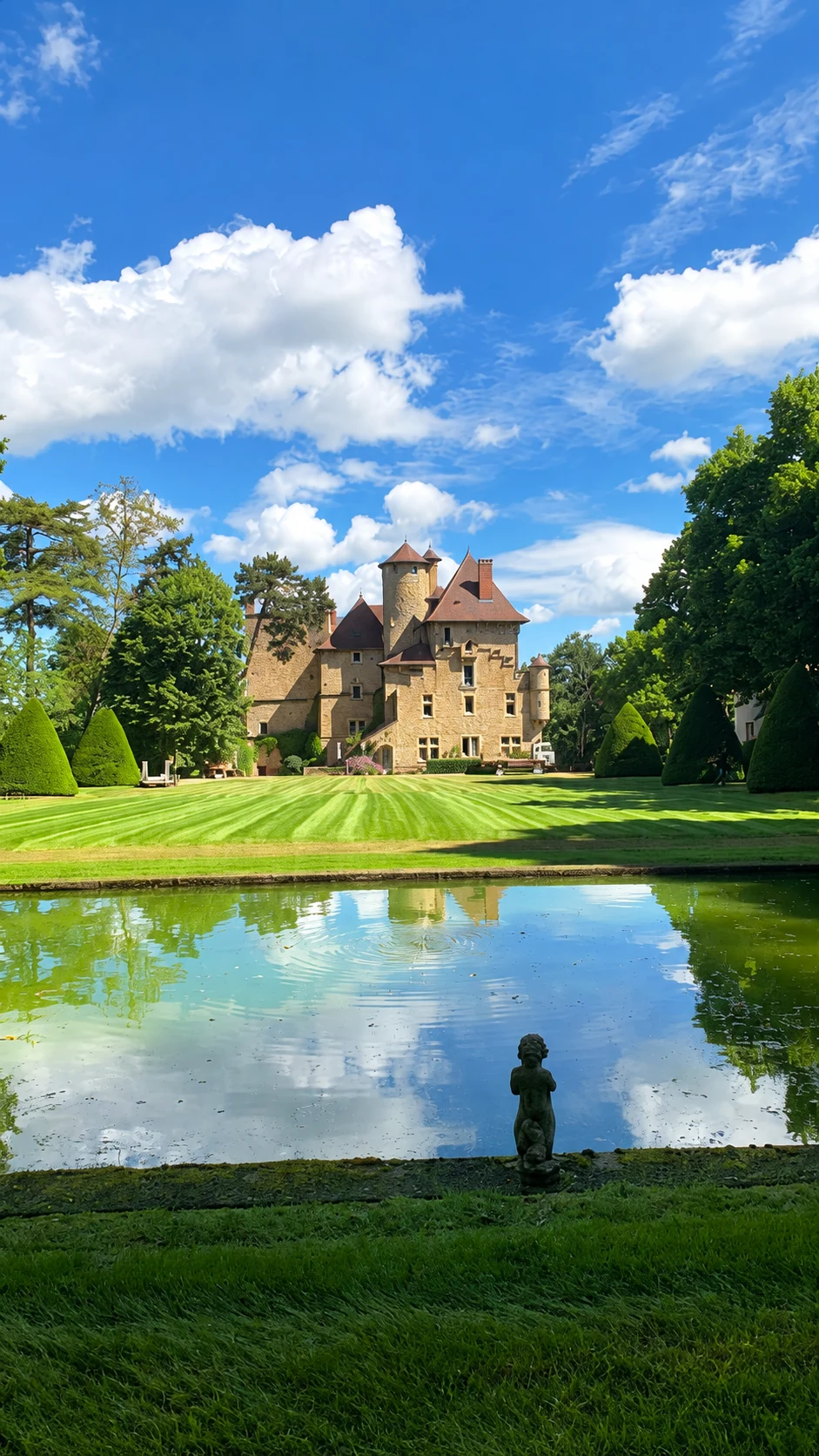 Pelouse entretenue et allées autour d’un bassin, devant une bâtisse.